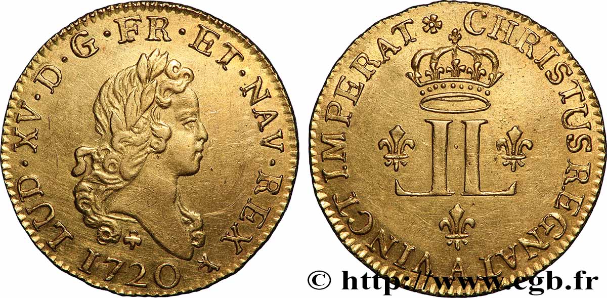 LOUIS XV &nbsp;THE WELL-BELOVED&nbsp; Louis d&nbsp;or aux deux L couronnées 1720 Paris AU