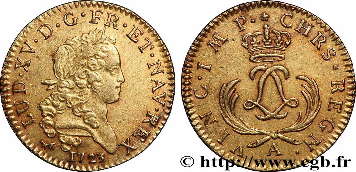 LOUIS XV &nbsp;THE WELL-BELOVED&nbsp; Louis d&nbsp;or aux deux L entrelacées et aux palmes courtes 1723 Paris AU