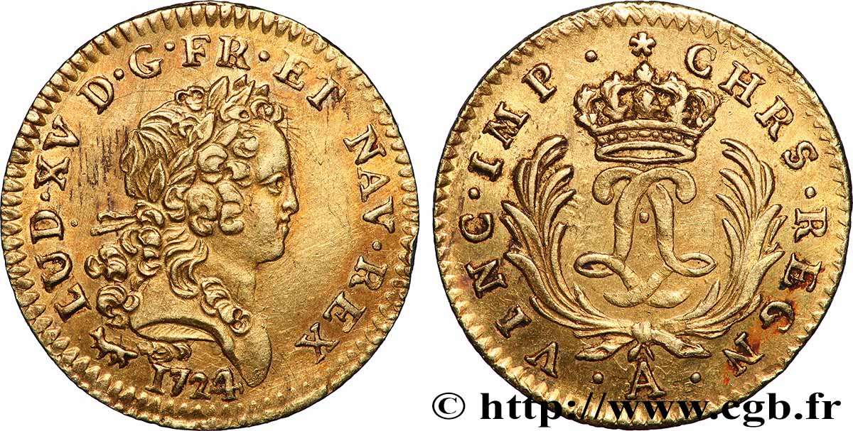 LOUIS XV DIT LE BIEN AIMÉ Demi-louis d&nbsp;or aux deux L entrelacées et aux palmes 1724 Paris SUP