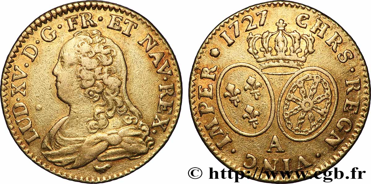 LOUIS XV &nbsp;THE WELL-BELOVED&nbsp; Louis d&nbsp;or aux écus ovales, buste habillé 1727 Paris XF/AU