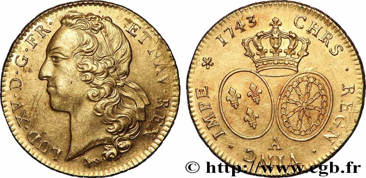 LOUIS XV &nbsp;THE WELL-BELOVED&nbsp; Double louis d’or aux écus ovales, tête ceinte d’un bandeau 1743 Paris AU