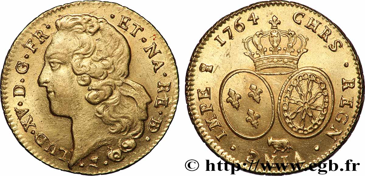 LOUIS XV &nbsp;THE WELL-BELOVED&nbsp; Double louis d’or aux écus ovales, tête ceinte d’un bandeau 1764 Pau MS