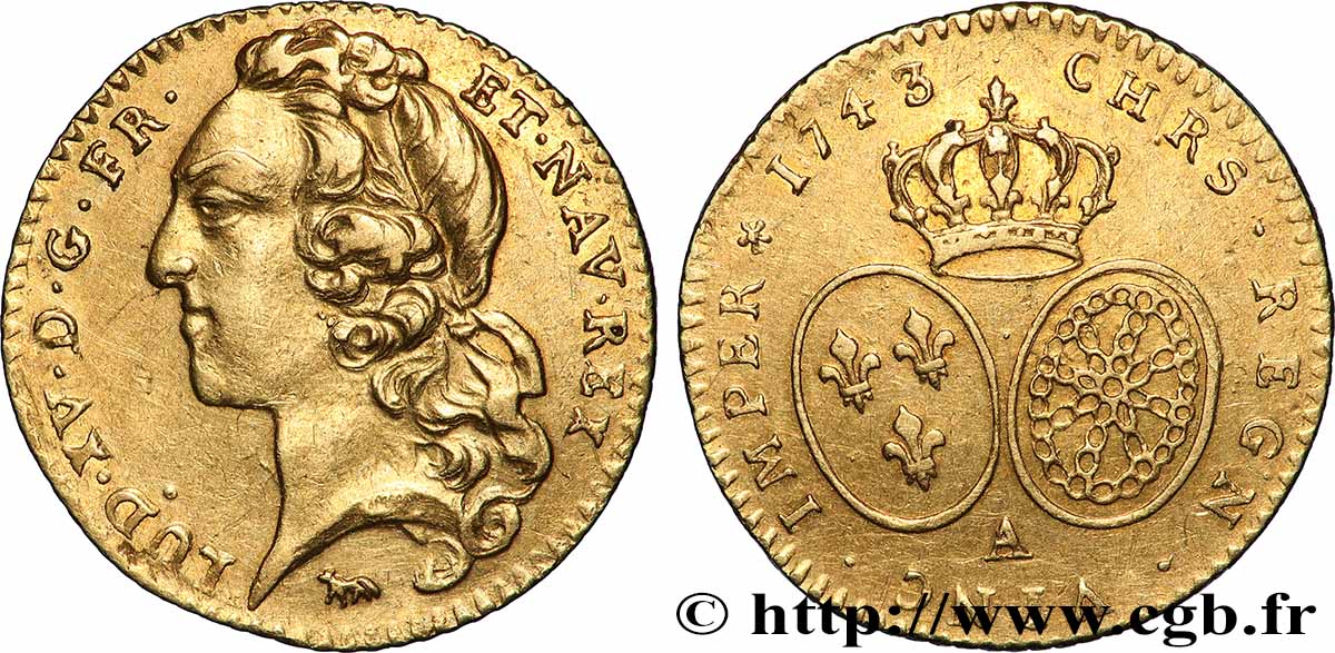 LOUIS XV &nbsp;THE WELL-BELOVED&nbsp; Demi-louis d’or aux écus ovales, tête ceinte d’un bandeau 1743 Paris MBC+