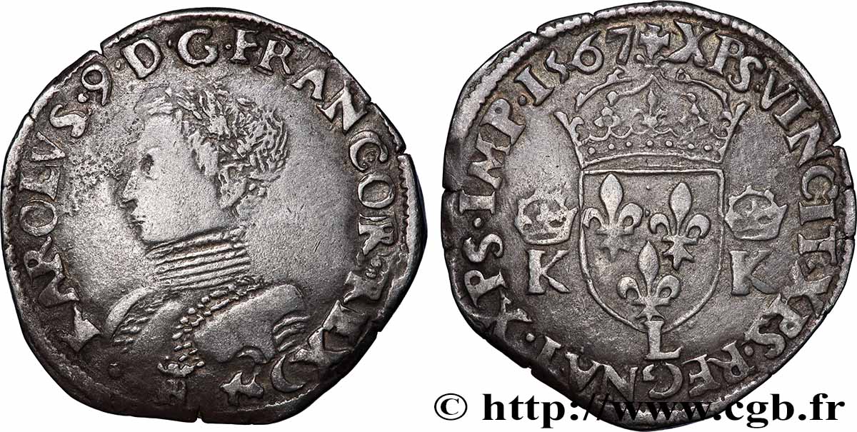 CHARLES IX Teston, 3e type 1567 Bayonne XF