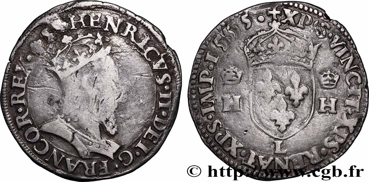 HENRI II Teston à la tête couronnée 1555 Bayonne TB+/TTB
