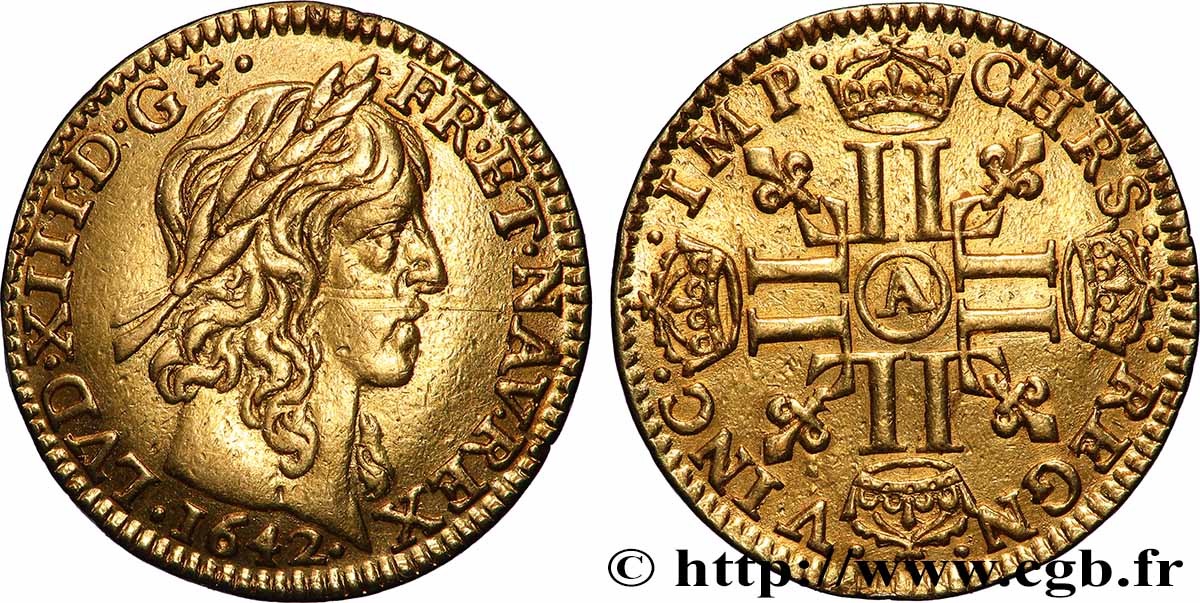 LOUIS XIII  Demi-louis d&nbsp;or aux huit L (effigie de Jean Warin) 1642 Paris, Monnaie du Louvre VF/XF