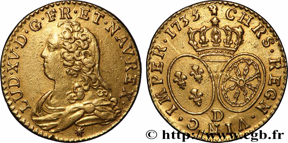 LOUIS XV &nbsp;THE WELL-BELOVED&nbsp; Louis d&nbsp;or aux écus ovales, buste habillé 1735 Lyon XF/AU