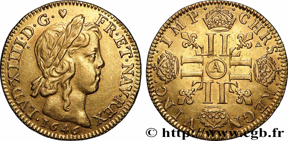 LOUIS XIV &nbsp;THE SUN KING&nbsp; Louis d’or aux huit L, portrait à la mèche longue 1646 Paris AU