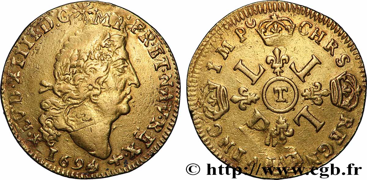 LOUIS XIV LE GRAND OU LE ROI SOLEIL Louis d&nbsp;or aux quatre L 1694 Nantes TB+/TTB