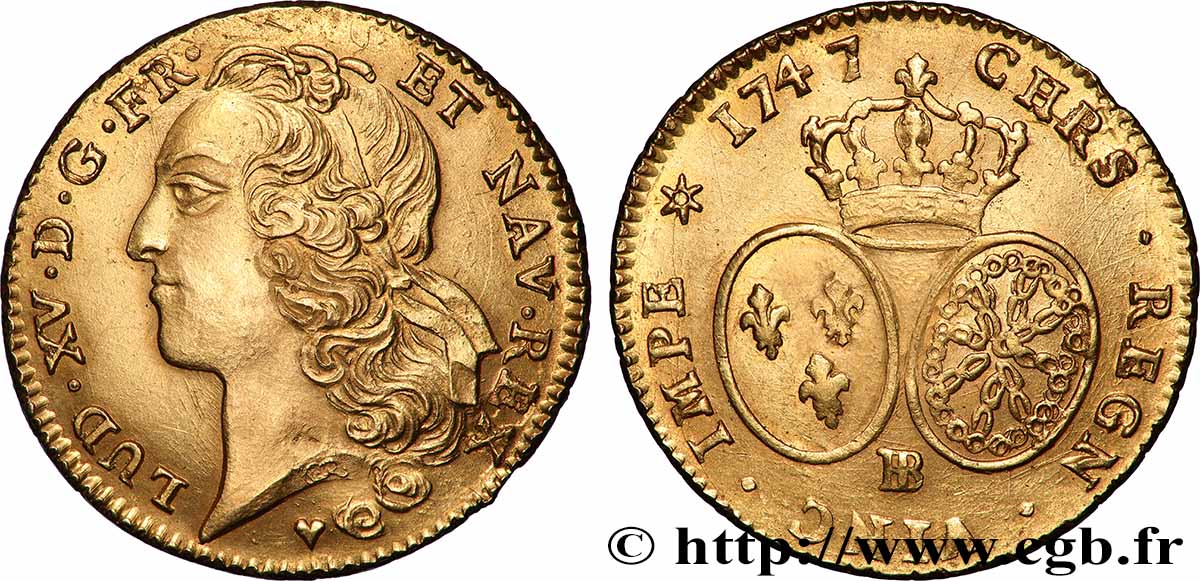 LOUIS XV &nbsp;THE WELL-BELOVED&nbsp; Double louis d’or aux écus ovales, tête ceinte d’un bandeau 1747 Strasbourg AU