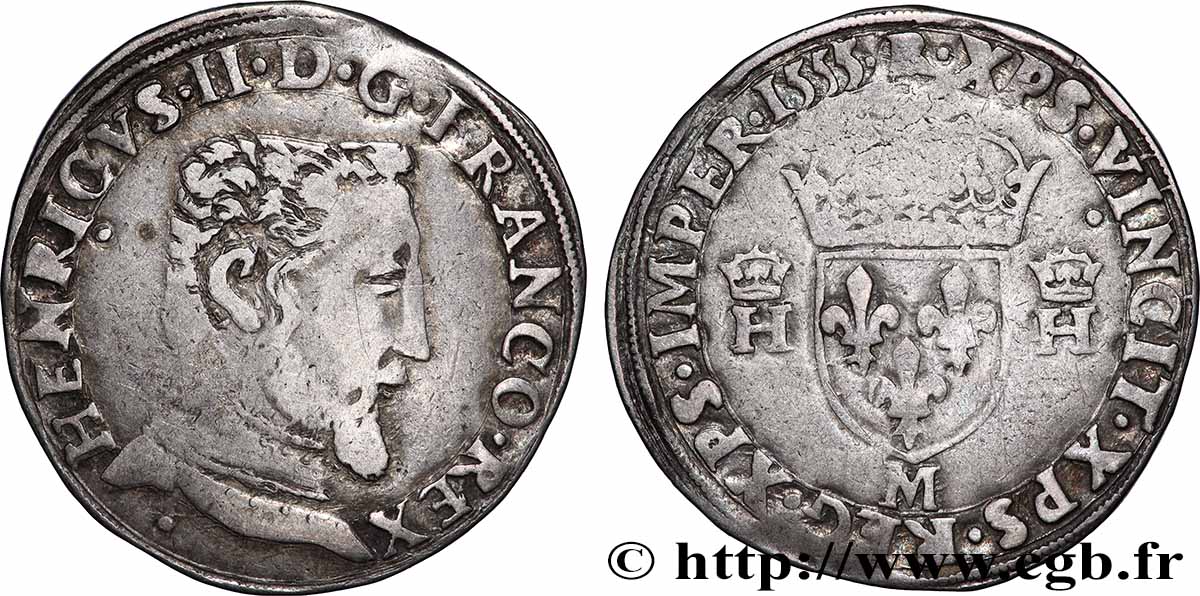 HENRI II Teston à la tête nue, 5e type 1555 Toulouse TTB