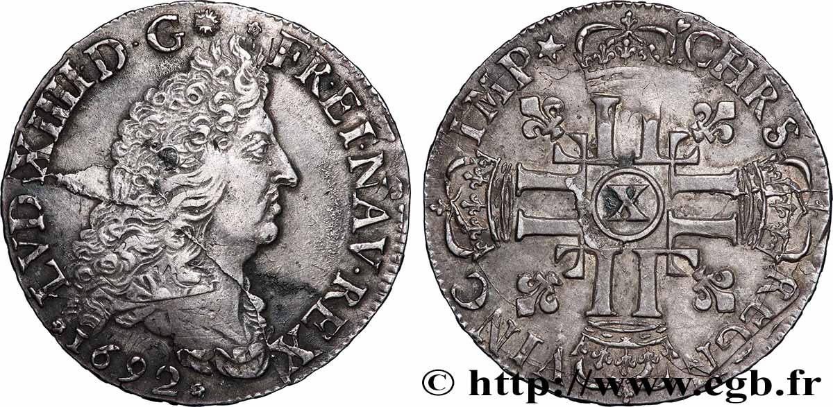 LOUIS XIV LE GRAND OU LE ROI SOLEIL Demi-écu aux huit L, 1er type 1692 Amiens TTB+