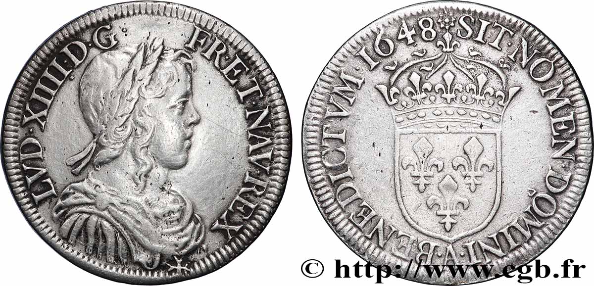 LOUIS XIV LE GRAND OU LE ROI SOLEIL Demi-écu, portrait à la mèche longue 1648 Paris TB+/TTB