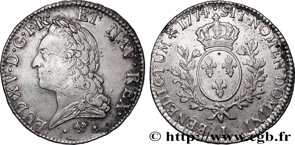 LOUIS XV DIT LE BIEN AIMÉ Écu aux branches d’olivier, buste lauré 1774 Bayonne TB+/TTB+