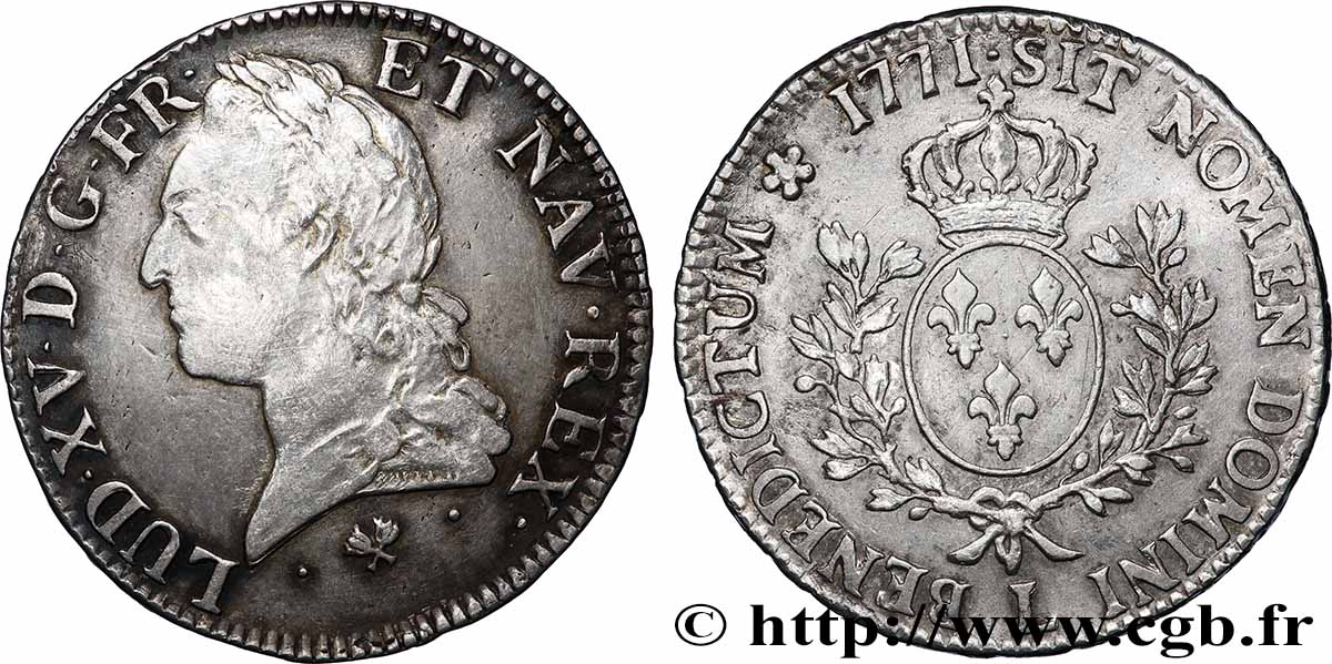 LOUIS XV DIT LE BIEN AIMÉ Écu aux branches d’olivier, buste lauré 1771 Bayonne TB+/TTB+