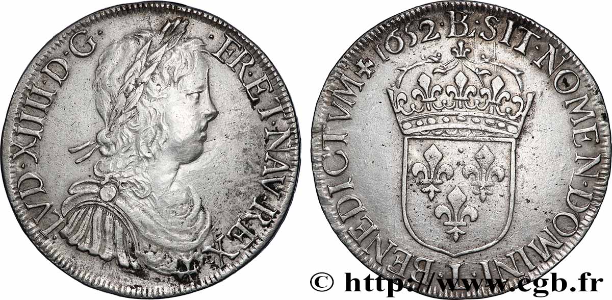 LOUIS XIV LE GRAND OU LE ROI SOLEIL Écu, portrait à la mèche longue 1652 Bayonne TTB