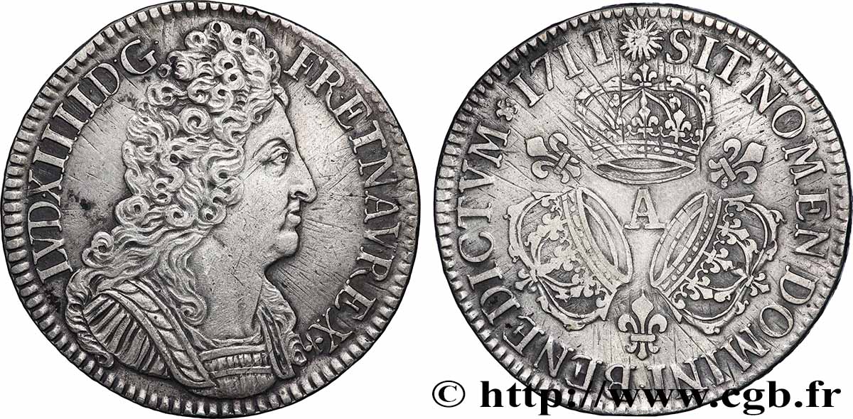 LOUIS XIV LE GRAND OU LE ROI SOLEIL Écu aux trois couronnes 1711 Paris TTB