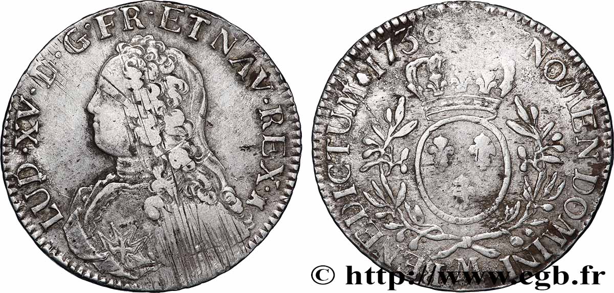 LOUIS XV DIT LE BIEN AIMÉ Écu aux branches d&nbsp;olivier, buste habillé 1736 Toulouse TB+
