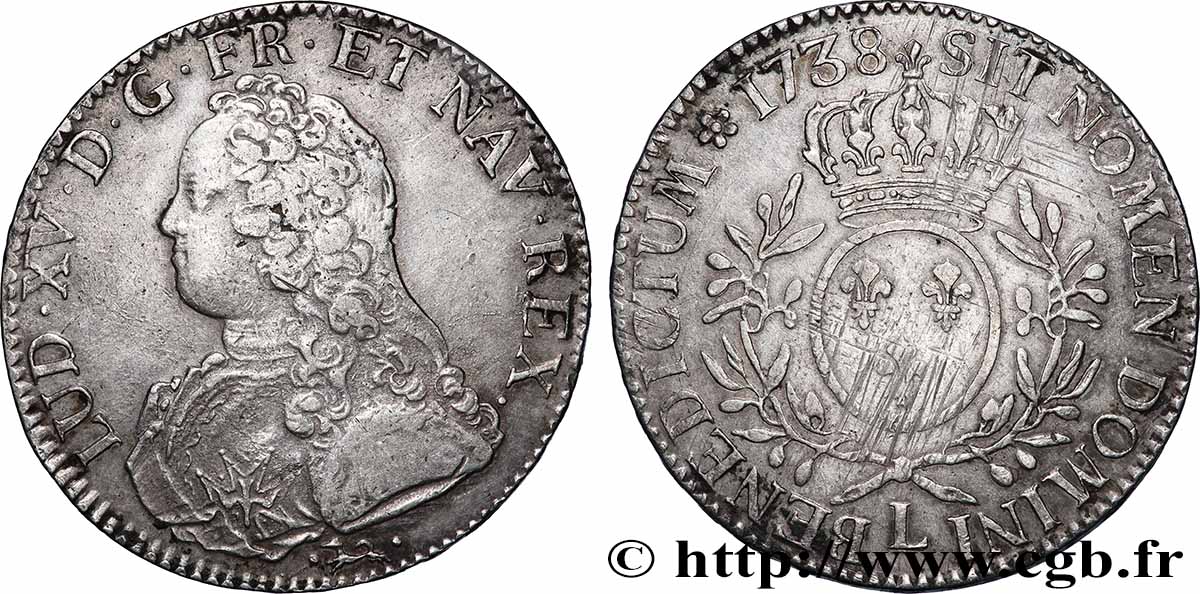 LOUIS XV DIT LE BIEN AIMÉ Écu aux branches d&nbsp;olivier, buste habillé 1738 Bayonne TTB