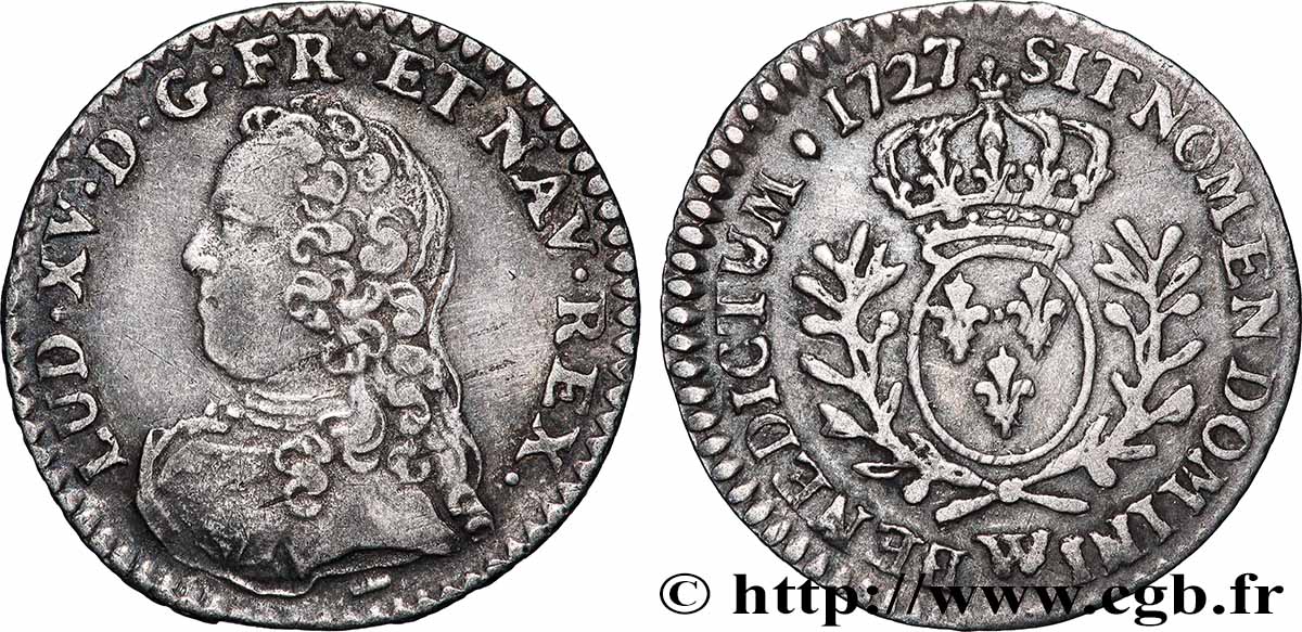 LOUIS XV DIT LE BIEN AIMÉ Vingtième d’écu aux branches d’olivier, buste habillé 1727 Lille TTB+/TTB