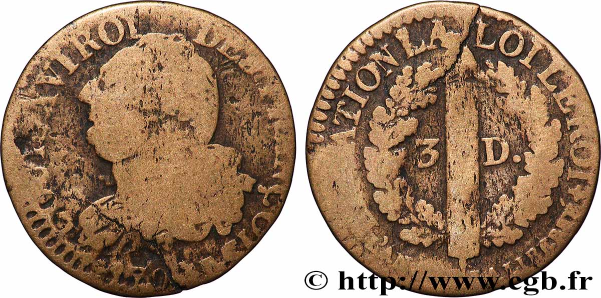 LOUIS XVI (MONARQUE CONSTITUTIONNEL)  3 deniers dit &nbsp;au faisceau&nbsp;, type FRANÇOIS 1792 Limoges B+