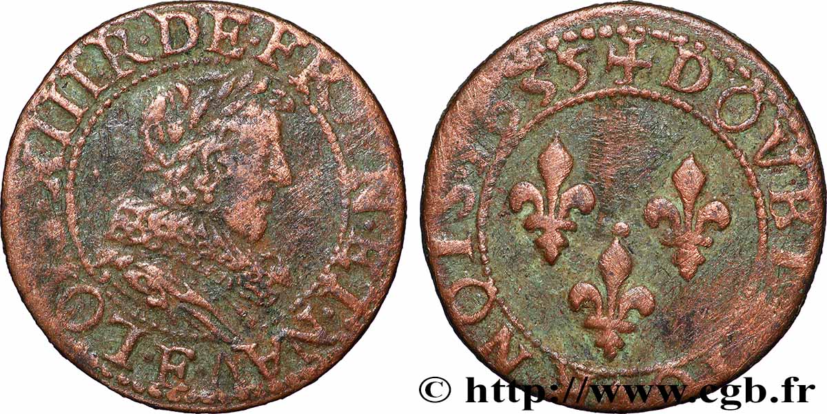 LOUIS XIII LE JUSTE Double tournois, type 1 de Tours 1635 Tours TB+
