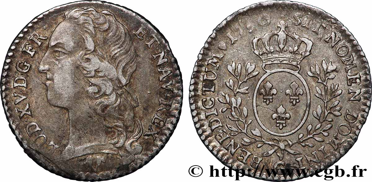 LOUIS XV &nbsp;THE WELL-BELOVED&nbsp; Dixième d&nbsp;écu aux branches d’olivier, tête ceinte d’un bandeau 1750 Poitiers XF/AU