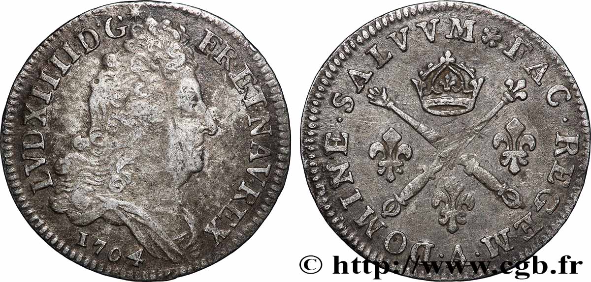 LOUIS XIV &nbsp;THE SUN KING&nbsp; 10 sols aux insignes 1704 Paris fSS/SS