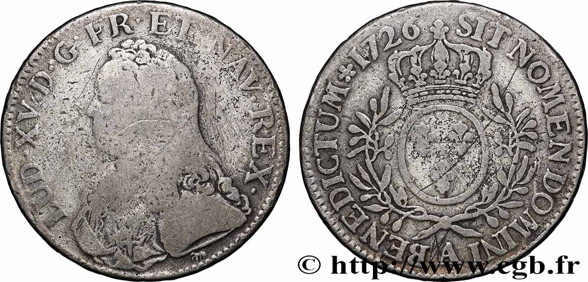 LOUIS XV &nbsp;THE WELL-BELOVED&nbsp; Écu aux branches d&nbsp;olivier, buste habillé 1726 Paris VF