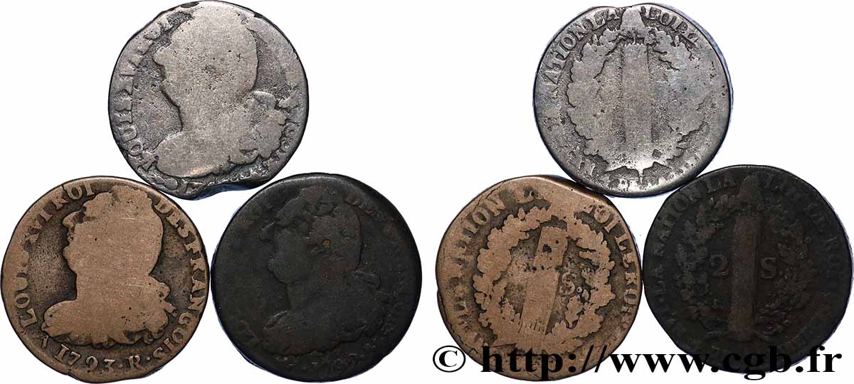 LOUIS XVI 2 sols dit &nbsp;au faisceau&nbsp;, types divers, lot de 3 ex. n.d. Ateliers divers lote