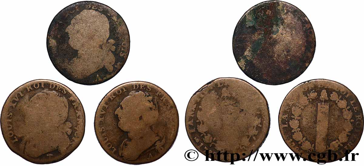 LOUIS XVI (MONARQUE CONSTITUTIONNEL)  12 deniers dit &nbsp;au faisceau&nbsp;, type FRANCOIS, lot de 3 ex. n.d. Ateliers divers lot