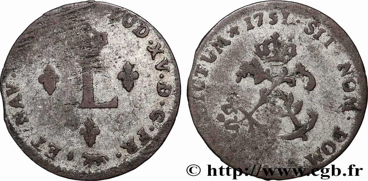 LOUIS XV &nbsp;THE WELL-BELOVED&nbsp; Double sol de billon 1751 Paris VF