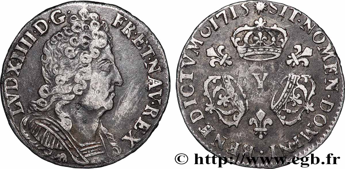 LOUIS XIV LE GRAND OU LE ROI SOLEIL Dixième d&nbsp;écu aux trois couronnes 1715 Bourges TTB+