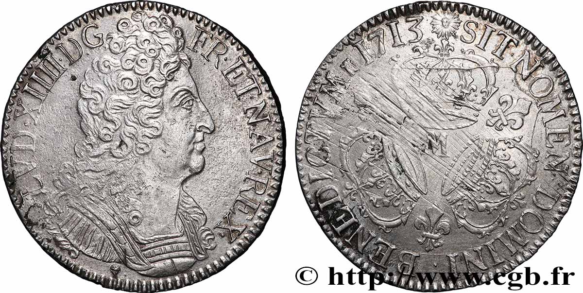 LOUIS XIV LE GRAND OU LE ROI SOLEIL Écu aux trois couronnes 1713 Toulouse TTB+/TTB