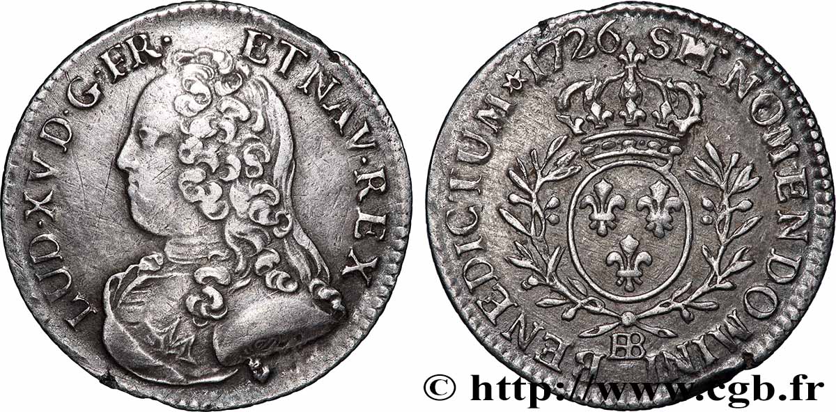 LOUIS XV DIT LE BIEN AIMÉ Cinquième d&nbsp;écu aux branches d&nbsp;olivier, buste habillé 1726 Strasbourg TTB