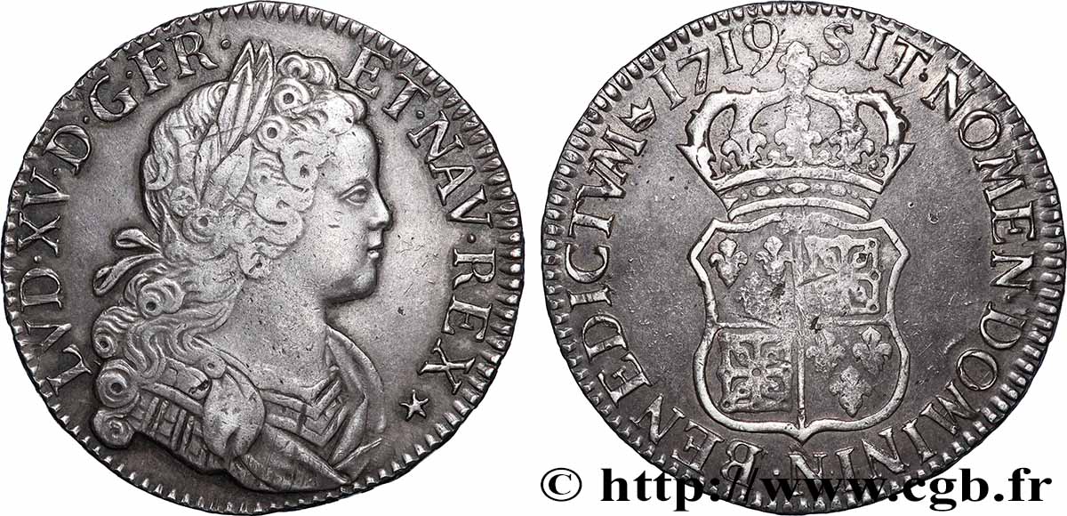 LOUIS XV DIT LE BIEN AIMÉ Écu dit &nbsp;de France-Navarre&nbsp; 1719 Montpellier TTB