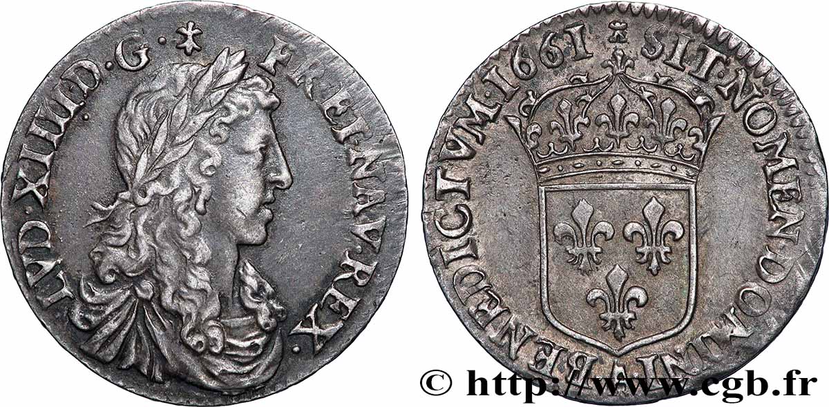 LOUIS XIV LE GRAND OU LE ROI SOLEIL Douzième d&nbsp;écu, portrait apollinien 1661 Paris TTB+