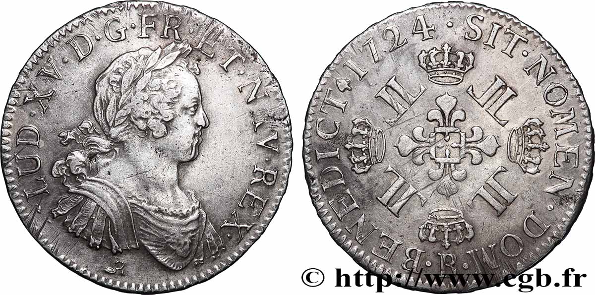 LOUIS XV &nbsp;THE WELL-BELOVED&nbsp; Écu à la croix fleurdelisée couronnée et aux huit L 1724 Rouen XF