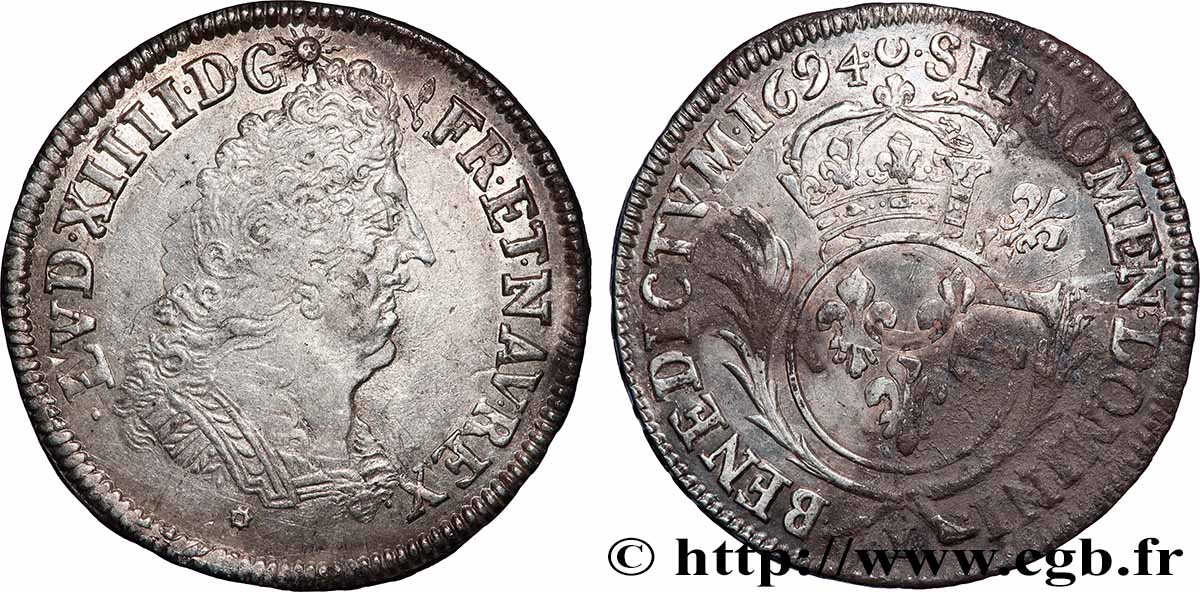 LOUIS XIV LE GRAND OU LE ROI SOLEIL Demi-écu aux palmes 1694 Bourges TTB