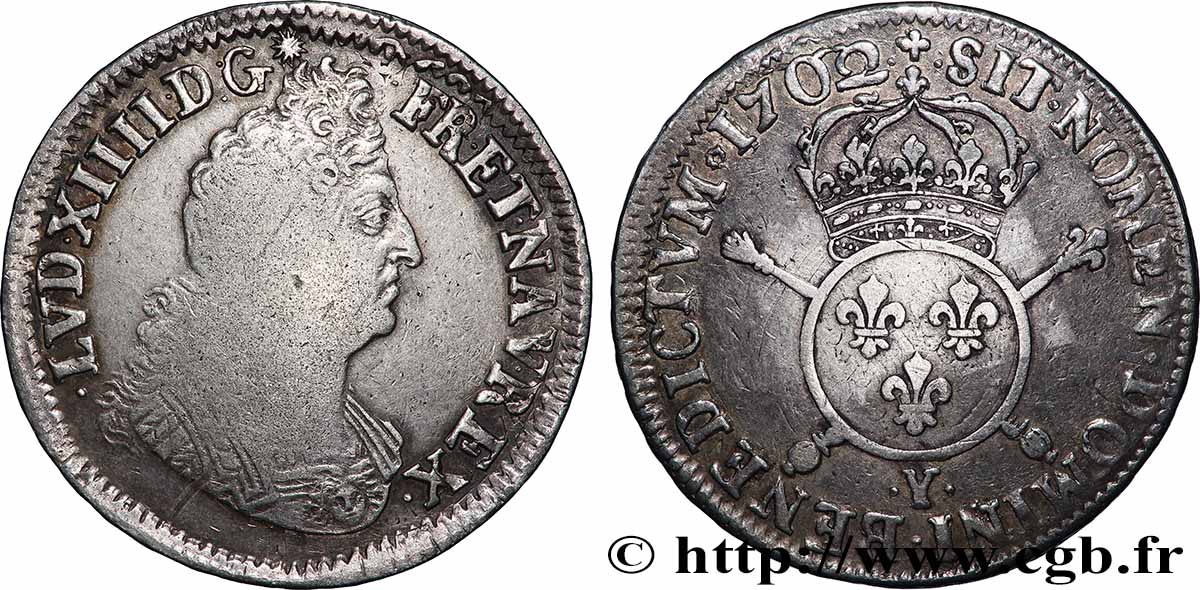 LOUIS XIV LE GRAND OU LE ROI SOLEIL Demi-écu aux insignes 1702 Bourges TB+/TTB