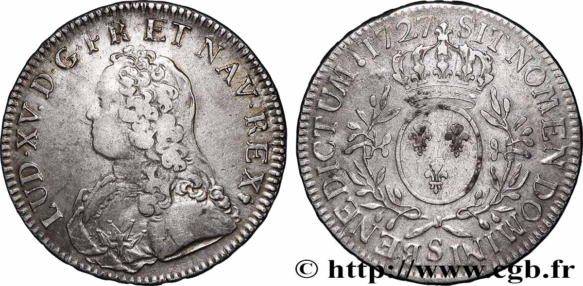 LOUIS XV DIT LE BIEN AIMÉ Écu aux branches d&nbsp;olivier, buste habillé 1727 Reims TB+/TTB