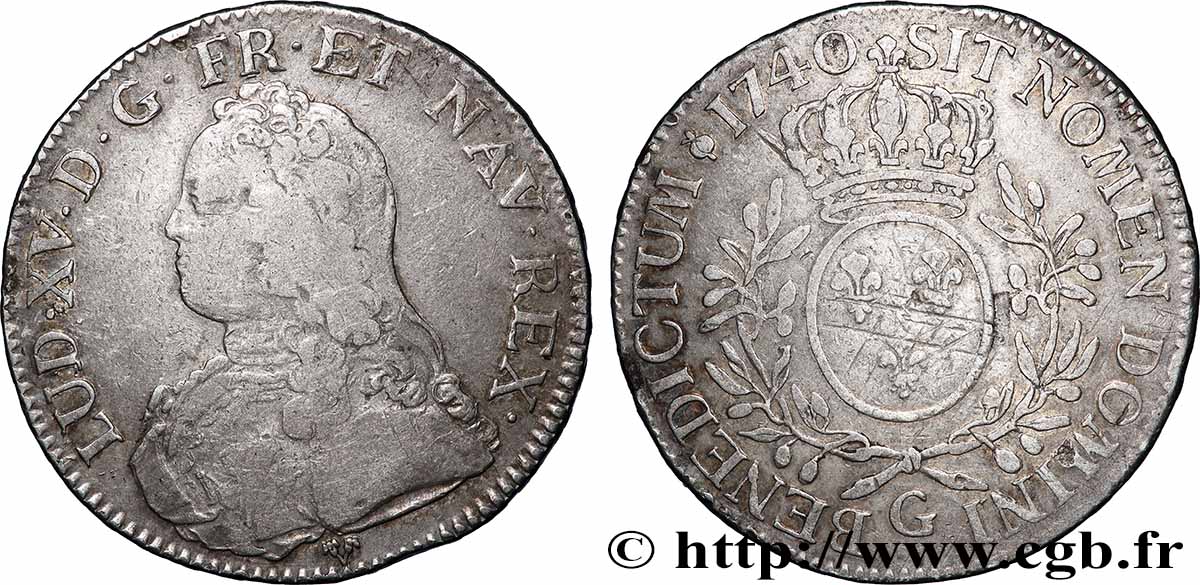 LOUIS XV DIT LE BIEN AIMÉ Écu dit &nbsp;aux branches d&nbsp;olivier&nbsp; 1740 Poitiers B+/TB+