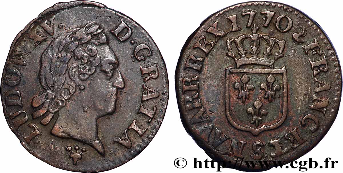 LOUIS XV DIT LE BIEN AIMÉ Liard dit &nbsp;à la vieille tête&nbsp; 1770 Reims TTB