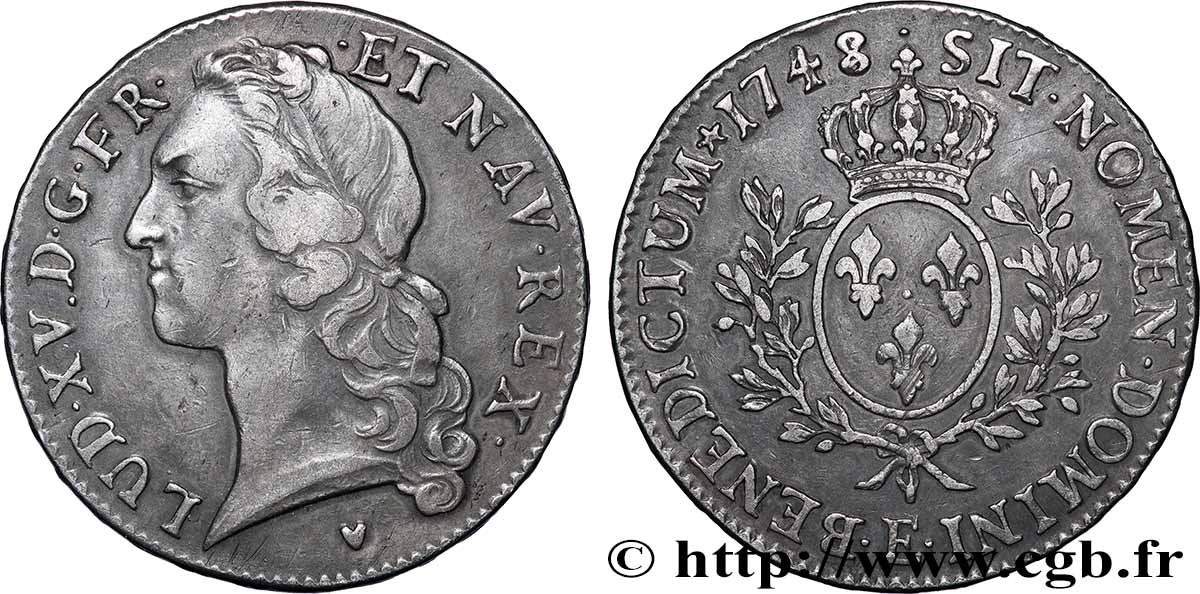 LOUIS XV DIT LE BIEN AIMÉ Écu aux branches d’olivier, tête ceinte d’un bandeau 1748 Tours TTB