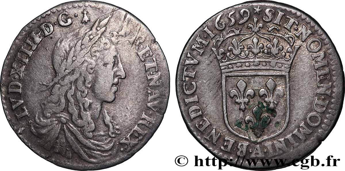 LOUIS XIV LE GRAND OU LE ROI SOLEIL Douzième d&nbsp;écu, portrait apollinien 1659 Paris TB+/TTB