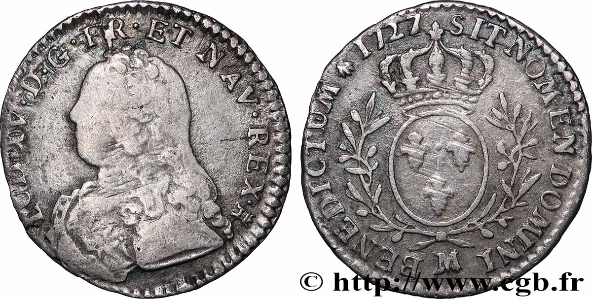 LOUIS XV DIT LE BIEN AIMÉ Dixième d’écu aux branches d’olivier, buste habillé 1727 Toulouse TB/TB+