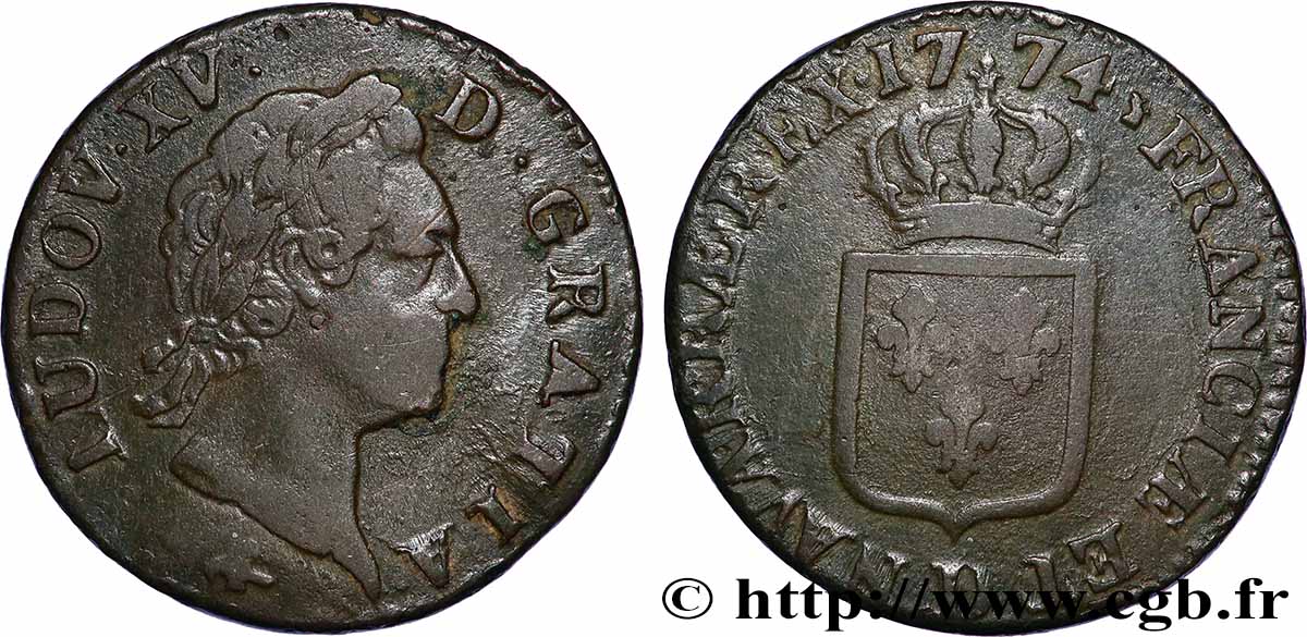 LOUIS XV DIT LE BIEN AIMÉ Sol dit &nbsp;à la vieille tête&nbsp; 1774 Lyon TTB/TB+