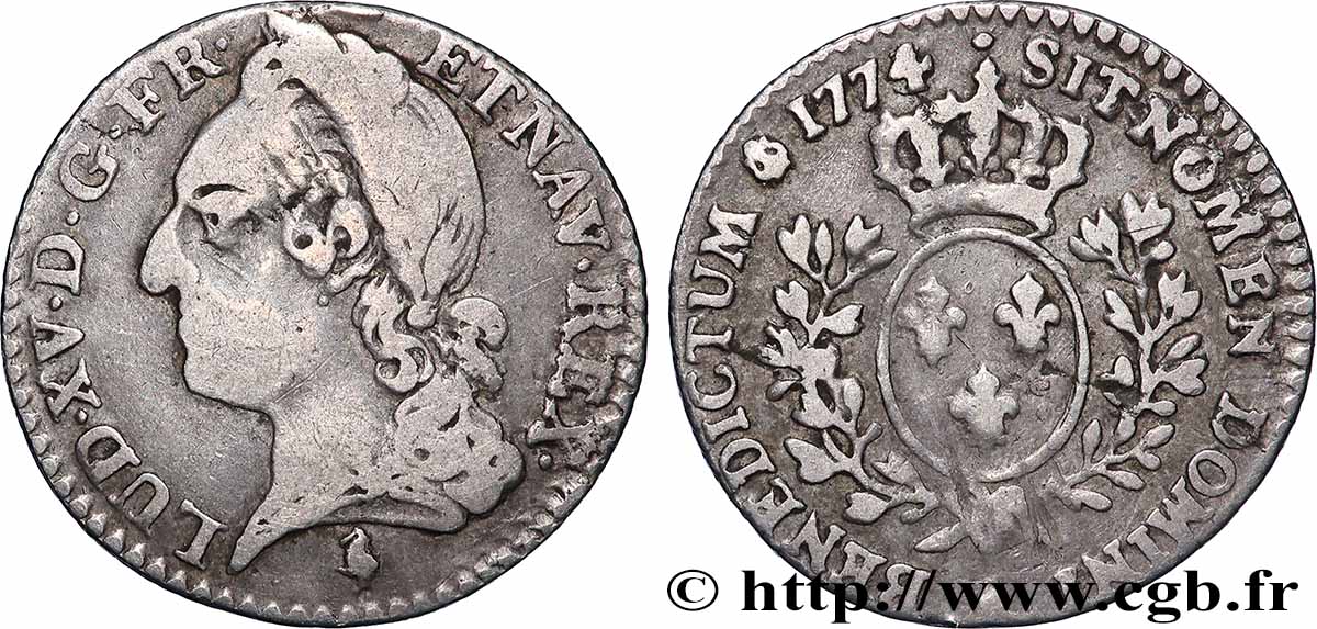 LOUIS XV DIT LE BIEN AIMÉ Dixième d&nbsp;écu aux branches d’olivier, tête ceinte d’un bandeau 1774 Paris TB+/TTB