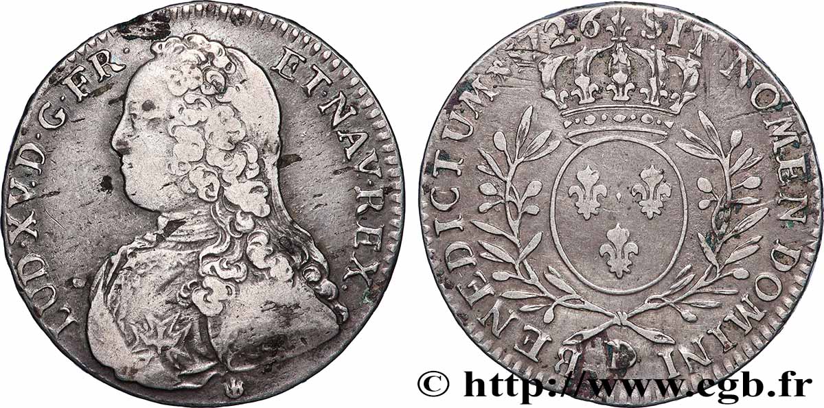 LOUIS XV DIT LE BIEN AIMÉ Demi-écu aux branches d&nbsp;olivier, buste habillé 1726 Lyon TB+/TTB