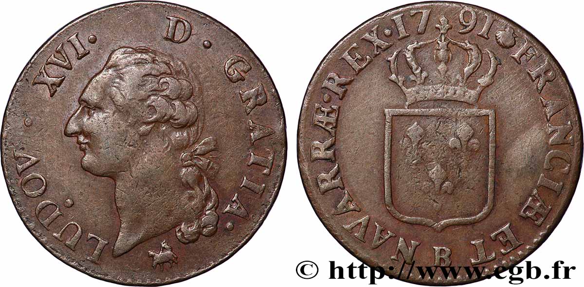 LOUIS XVI Sol dit &nbsp;à l&nbsp;écu&nbsp; 1791 Rouen TTB